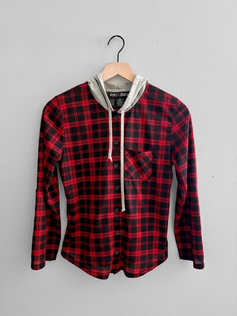 Hooded Plaid Red Black Flannel Shirt Jacket | Polly & Esther Petite Medium